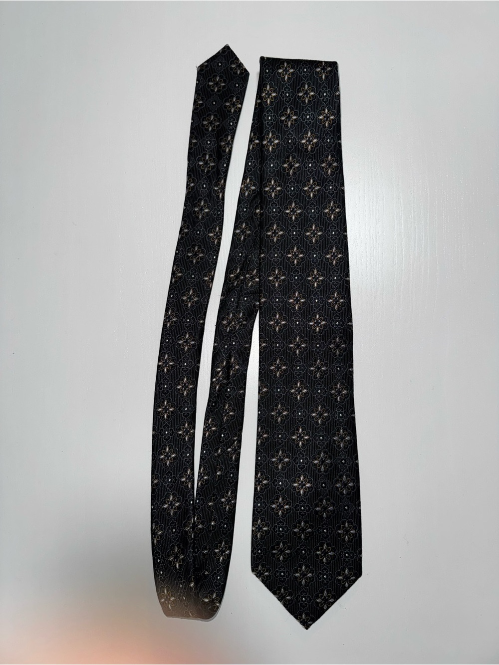 Eagle Men's Woven 100% Silk Floral Pointed Tie Black Gold Blue Logo Handmade